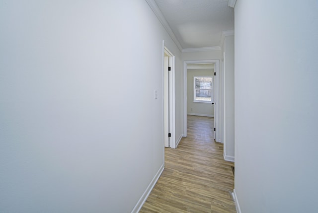 corridor with light hardwood / wood-style floors, a textured ceiling, and ornamental molding