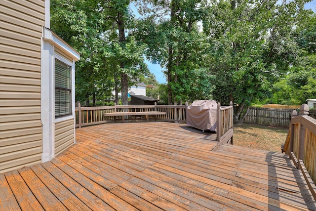 3866 Villa Ln, Martinez, GA 30907 - wooden terrace featuring a grill, a fenced backyard, and a shed