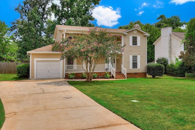 3866 Villa Ln, Martinez, GA 30907 - view of front of property featuring covered porch, a garage, concrete driveway, a chimney, and crawl space