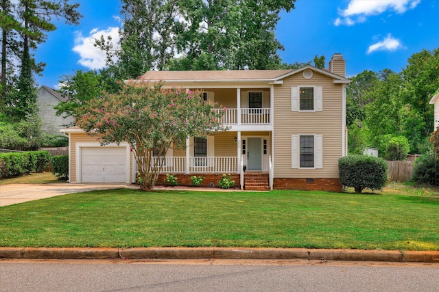 3866 Villa Ln, Martinez, GA 30907 - view of front of house featuring a porch, a chimney, driveway, a garage, and a balcony