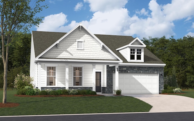 view of front facade with a shingled roof, concrete driveway, a front yard, a garage, and stone siding