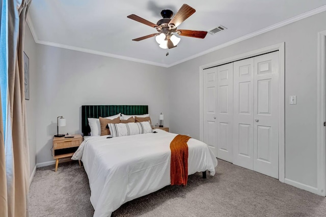 2928 Foxhall Cir, Augusta, GA 30907 - bedroom with carpet floors, crown molding, baseboards, a closet, and ceiling fan
