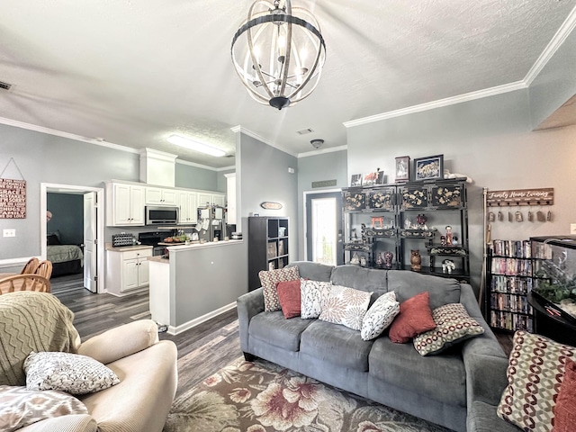 903 Arbor Springs Cir, Grovetown, GA 30813 - living area with dark wood-type flooring, crown molding, a chandelier, and a textured ceiling