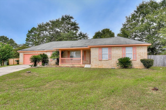 ranch-style house with a porch, a garage, and a front yard