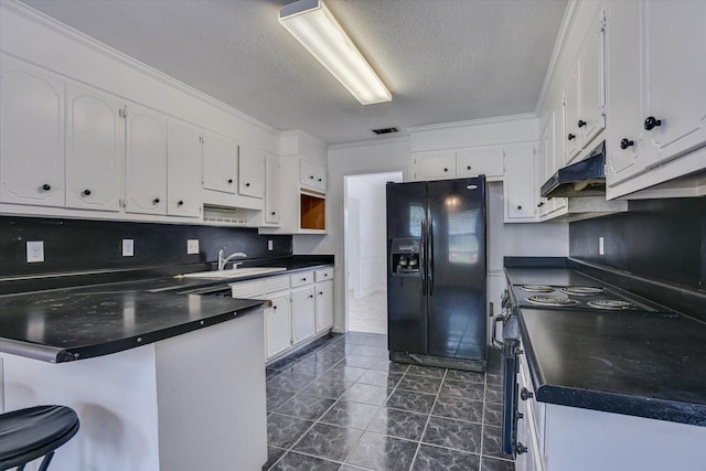 kitchen with white cabinetry, sink, crown molding, a textured ceiling, and black appliances