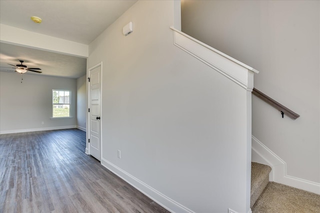 stairway featuring hardwood / wood-style flooring and ceiling fan