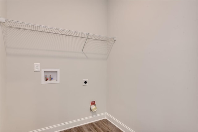 laundry area with electric dryer hookup, washer hookup, and wood-type flooring