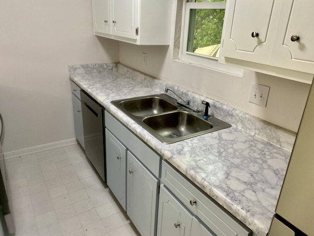 kitchen with white cabinets, stainless steel dishwasher, and sink