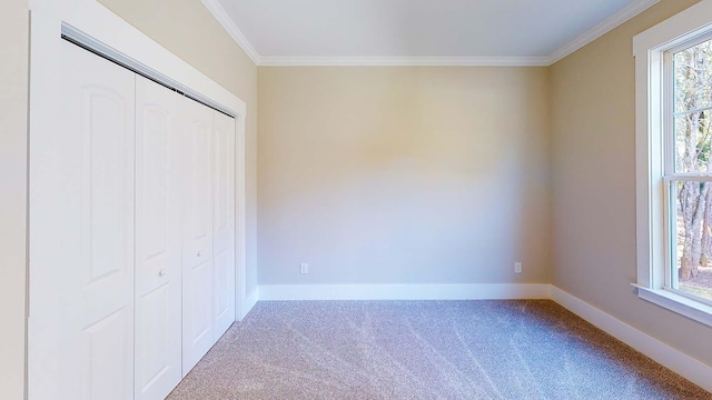 unfurnished bedroom with a closet, carpet, and ornamental molding