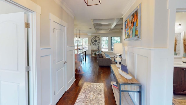 hall with coffered ceiling, an inviting chandelier, dark hardwood / wood-style flooring, beamed ceiling, and ornamental molding