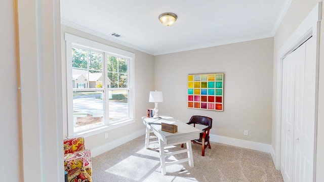 office space with light carpet and crown molding