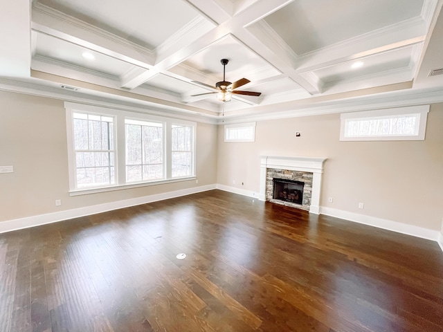 149 Cypress Dr, Mccormick, SC 29835 - unfurnished living room featuring crown molding, beam ceiling, ceiling fan, and coffered ceiling