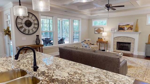 living room with a fireplace, crown molding, sink, and coffered ceiling