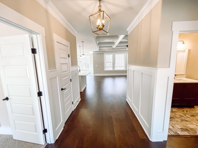 149 Cypress Dr, Mccormick, SC 29835 - corridor with an inviting chandelier, dark wood-type flooring, wainscoting, and ornamental molding