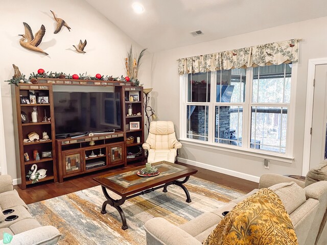 living room with dark hardwood / wood-style floors and lofted ceiling