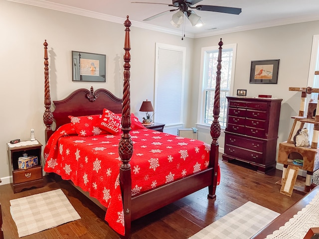 bedroom with dark wood-type flooring, ceiling fan, and ornamental molding