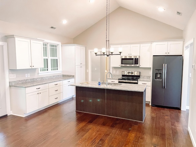 153 Cumberland Dr, Mccormick, SC 29835 - kitchen with visible vents, a sink, high vaulted ceiling, stainless steel appliances, and white cabinetry