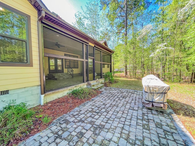 153 Cumberland Dr, Mccormick, SC 29835 - view of patio / terrace with french doors, a ceiling fan, and a sunroom