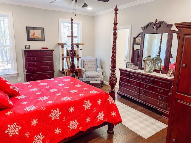 bedroom with multiple windows, ceiling fan, dark wood-type flooring, and ornamental molding