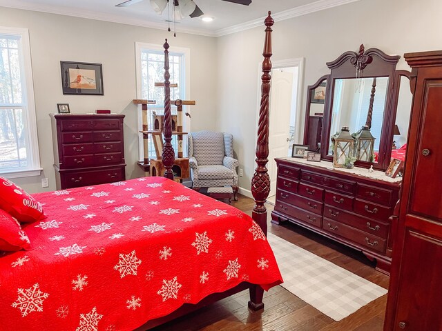 bedroom with multiple windows, ceiling fan, dark wood-type flooring, and ornamental molding