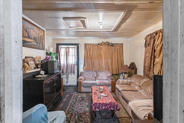 living room featuring wooden ceiling