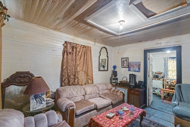 living room featuring wooden ceiling