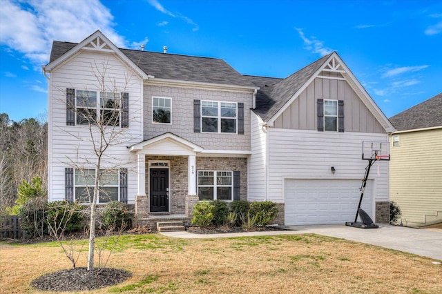 view of front facade featuring concrete driveway, an attached garage, a front yard, board and batten siding, and brick siding