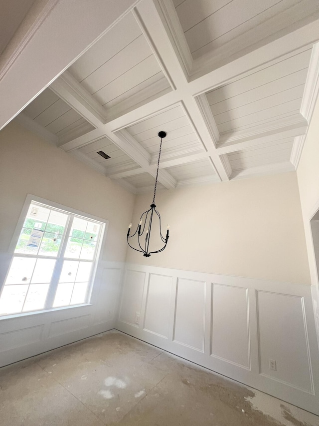 1009 Ferndown Ct, Aiken, SC 29803 - unfurnished dining area with a wainscoted wall, beam ceiling, coffered ceiling, a decorative wall, and a chandelier