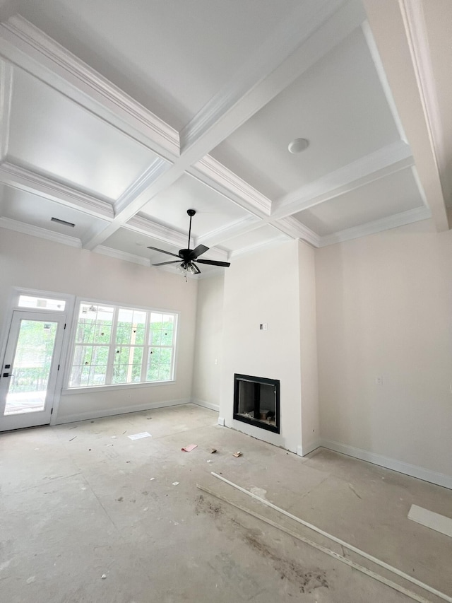 1009 Ferndown Ct, Aiken, SC 29803 - unfurnished living room with coffered ceiling, a glass covered fireplace, a ceiling fan, beamed ceiling, and ornamental molding
