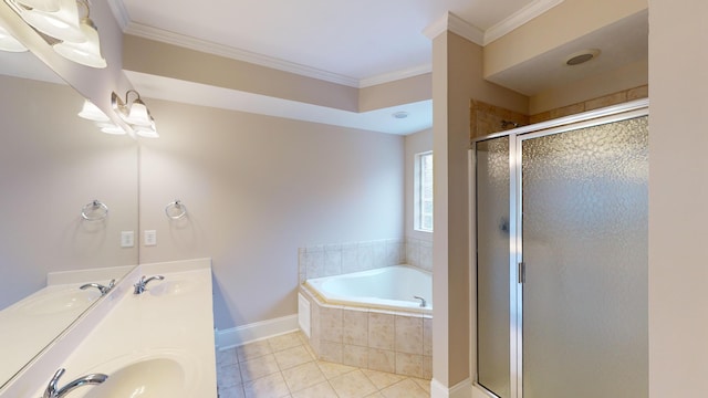 135 Coach Ln, Augusta, GA 30907 - bathroom featuring a bath, a sink, tile patterned flooring, a shower stall, and ornamental molding
