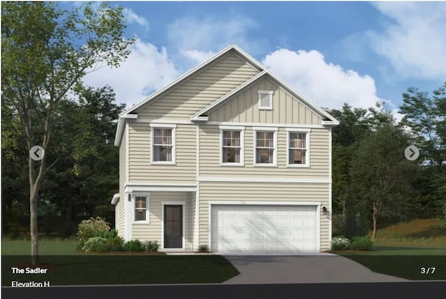 view of front of home with driveway, an attached garage, and board and batten siding