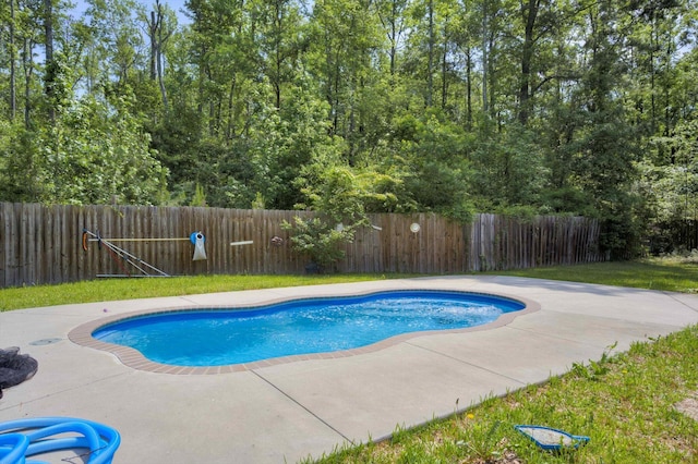 view of pool with a fenced backyard, a fenced in pool, and a patio area