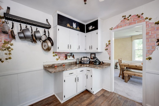 kitchen featuring wainscoting, dark wood-style flooring, and white cabinetry