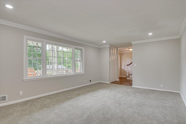 986 Campbellton Dr, North Augusta, SC 29841 - empty room with stairs, ornamental molding, carpet floors, and recessed lighting