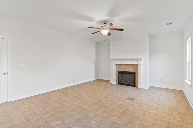 207 Hazelwood Ct, Grovetown, GA 30813 - unfurnished living room with a ceiling fan, a tile fireplace, crown molding, and baseboards