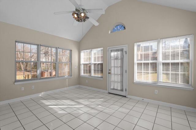 unfurnished sunroom featuring lofted ceiling and ceiling fan