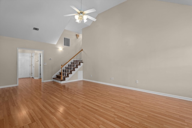 unfurnished living room with stairway, visible vents, light wood finished floors, and ceiling fan