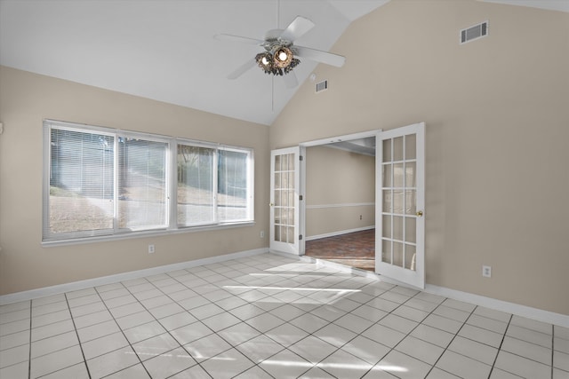 unfurnished room with visible vents, french doors, baseboards, and ceiling fan