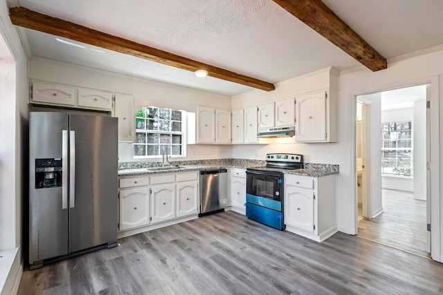 kitchen with white cabinets, under cabinet range hood, stainless steel appliances, and a sink