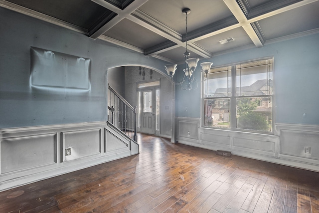 220 Dripping Rock Pass, Grovetown, GA 30813 - empty room featuring stairs, arched walkways, a chandelier, coffered ceiling, and hardwood / wood-style flooring