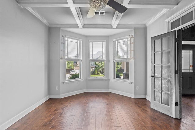 220 Dripping Rock Pass, Grovetown, GA 30813 - spare room with coffered ceiling, ceiling fan, wood-type flooring, beamed ceiling, and ornamental molding