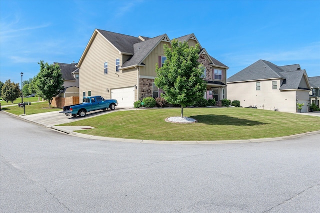 220 Dripping Rock Pass, Grovetown, GA 30813 - view of front of house featuring board and batten siding, an attached garage, stone siding, driveway, and a front yard