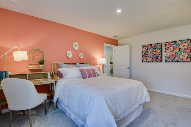 bedroom with carpet floors, visible vents, baseboards, and recessed lighting