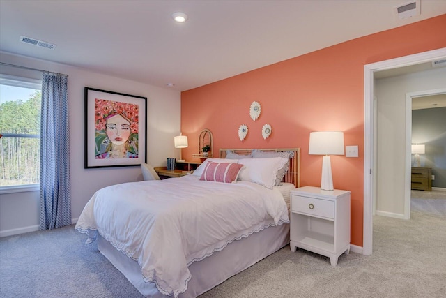 bedroom featuring baseboards, visible vents, carpet flooring, and recessed lighting