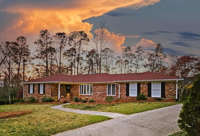 ranch-style home featuring a front lawn and brick siding