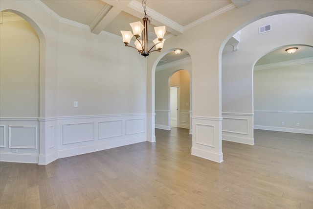 1037 Dietrich Ln, North Augusta, SC 29860 - unfurnished room featuring wood finished floors, wainscoting, beam ceiling, a chandelier, and coffered ceiling