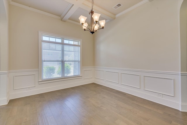 1037 Dietrich Ln, North Augusta, SC 29860 - spare room with a chandelier, a wainscoted wall, wood finished floors, beamed ceiling, and crown molding