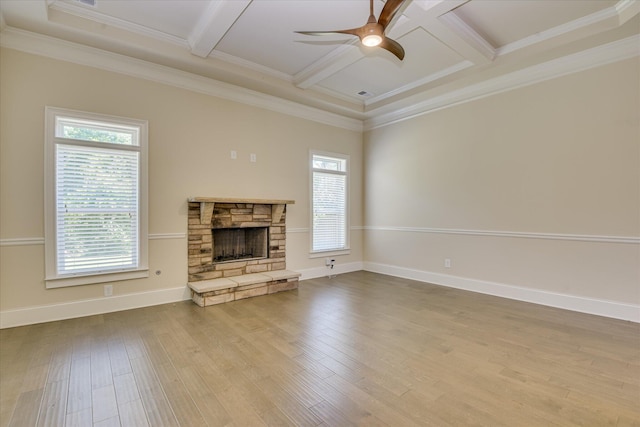 1037 Dietrich Ln, North Augusta, SC 29860 - unfurnished living room with coffered ceiling, plenty of natural light, a stone fireplace, wood finished floors, and beamed ceiling