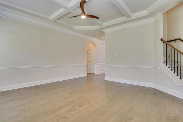 1037 Dietrich Ln, North Augusta, SC 29860 - spare room featuring arched walkways, light wood-style floors, ceiling fan, crown molding, and beamed ceiling