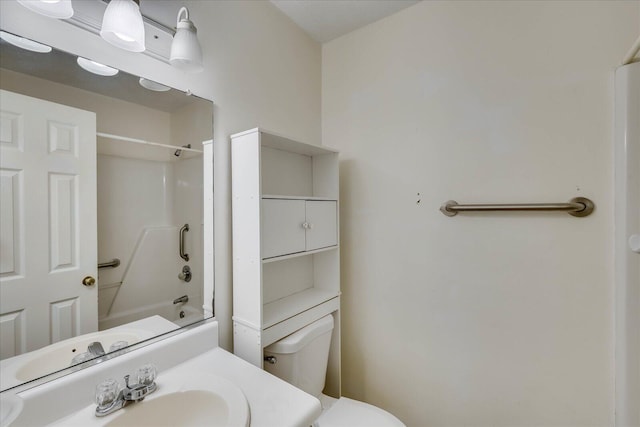 full bathroom featuring shower / washtub combination, vanity, and toilet